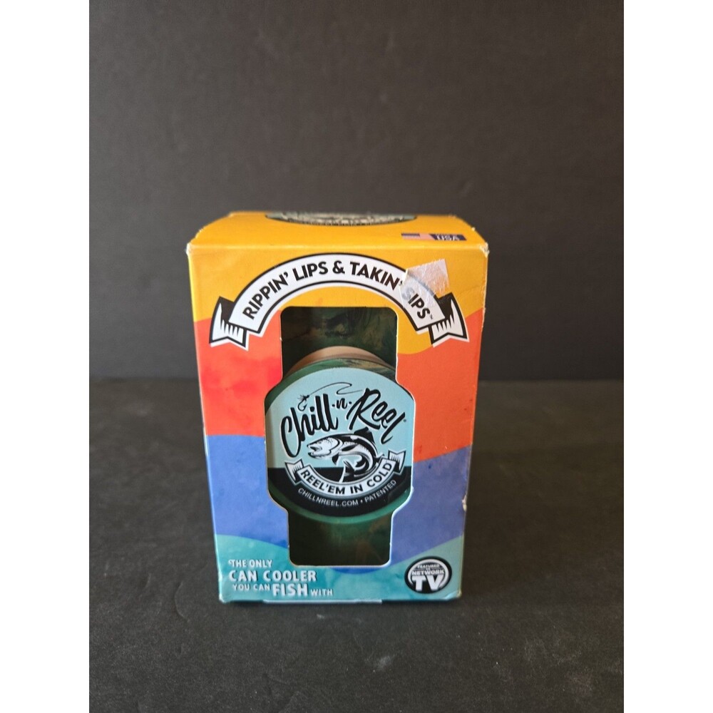 Chill-N-Reel Fishing Can Cooler Kit Hard Shell Drink Koozie Green Swirl Open Box